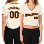 Custom Womens V-Neck Cropped Baseball Jersey in Cream Black Orange and Old Gold Custom Women's Cream Black Orange-Old Gold