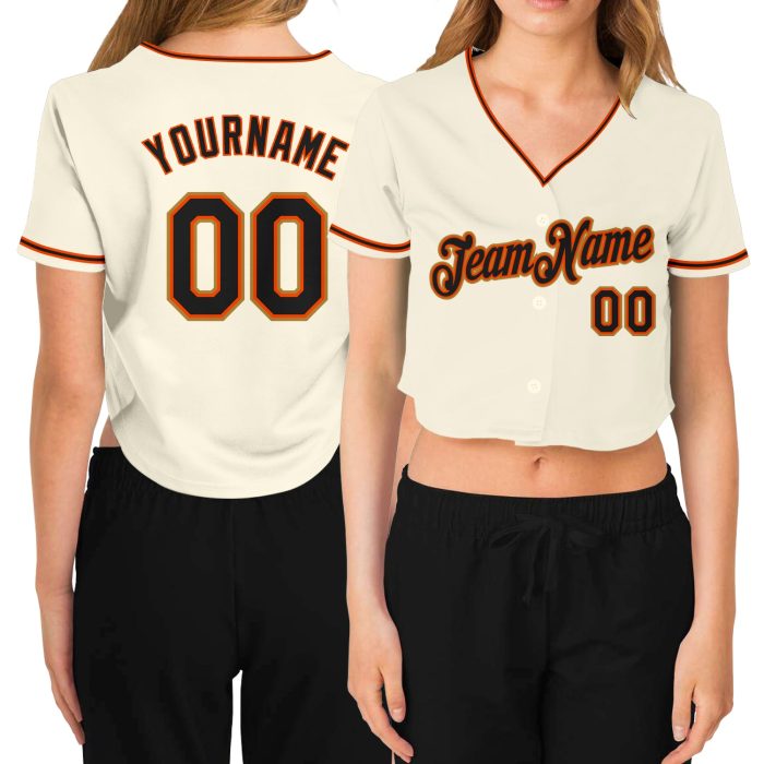 Custom Womens V-Neck Cropped Baseball Jersey in Cream Black Orange and Old Gold Custom Women's Cream Black Orange-Old Gold - Image 1
