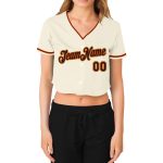 Custom Womens V-Neck Cropped Baseball Jersey in Cream Black Orange and Old Gold Custom Women's Cream Black Orange-Old Gold - Image 2