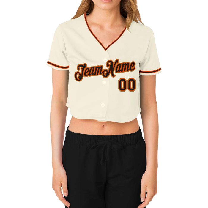 Custom Womens V-Neck Cropped Baseball Jersey in Cream Black Orange and Old Gold Custom Women's Cream Black Orange-Old Gold - Image 2