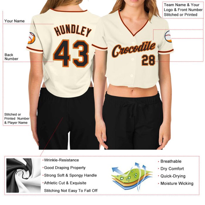 Custom Womens V-Neck Cropped Baseball Jersey in Cream Black Orange and Old Gold Custom Women's Cream Black Orange-Old Gold - Image 3