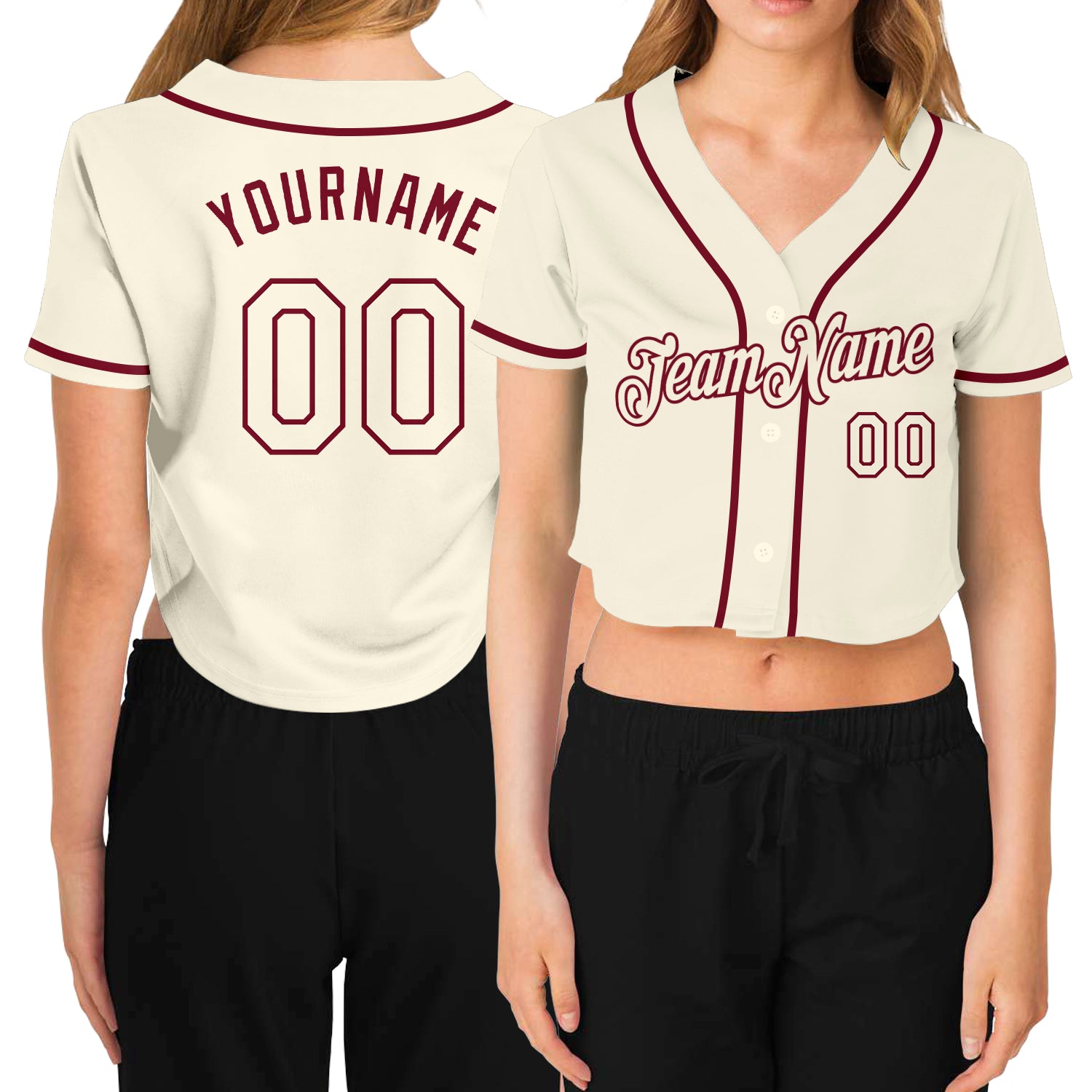Custom Womens V-Neck Cropped Baseball Jersey in Cream and Crimson Custom Women's Cream Cream-Crimson V-Neck Cropped Baseball