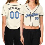 Custom Womens V-Neck Cropped Baseball Jersey in Cream and Light Blue Steel Gray Custom Women's Cream Light Blue-Steel Gray