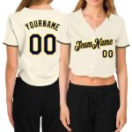 Custom Navy-Gold Womens Cropped V-Neck Baseball Jersey in Cream Custom Women's Cream Navy-Gold V-Neck Cropped Baseball Jersey