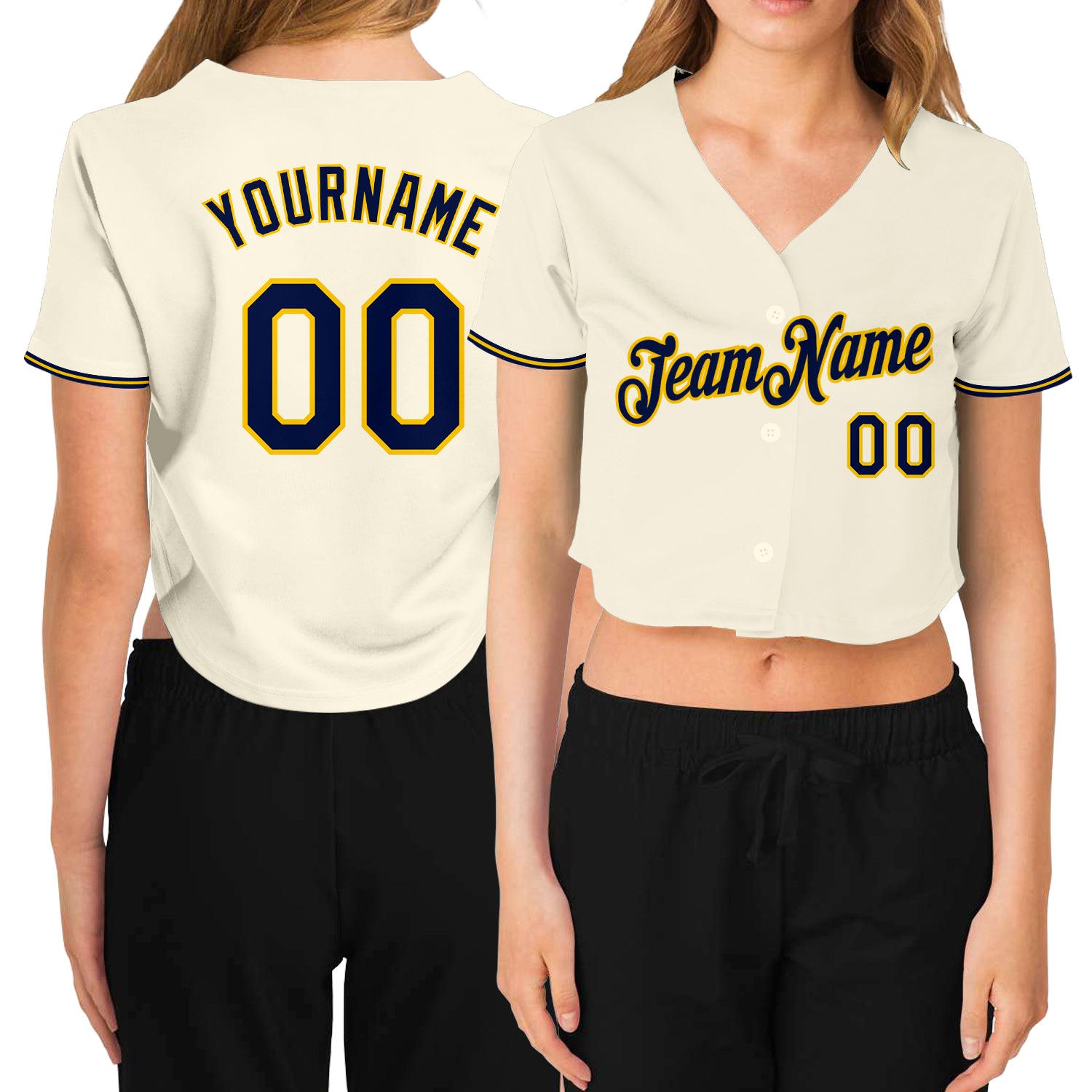 Custom Navy-Gold Womens Cropped V-Neck Baseball Jersey in Cream Custom Women's Cream Navy-Gold V-Neck Cropped Baseball Jersey