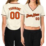 Custom Womens V-Neck Baseball Jersey - Cream and Orange-Black Cropped Design Custom Women's Cream Orange-Black V-Neck Cropped