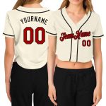 Womens Custom V-Neck Baseball Jersey in Cream Red-Black - Cropped Style Custom Women's Cream Red-Black V-Neck Cropped Baseball