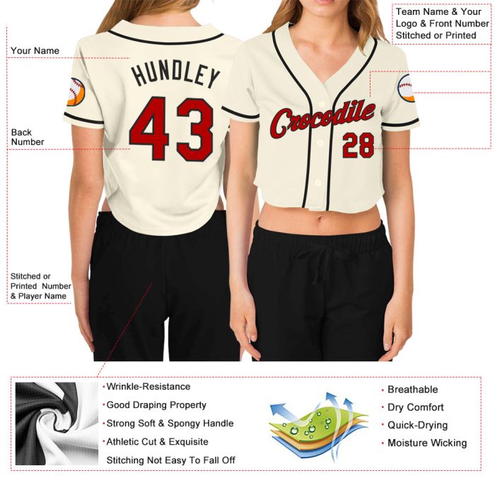 Womens Custom V-Neck Baseball Jersey in Cream Red-Black - Cropped Style Custom Women's Cream Red-Black V-Neck Cropped Baseball - Image 3