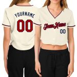 Custom Womens V-Neck Cropped Baseball Jersey in Cream Red-Navy Colors Custom Women's Cream Red-Navy V-Neck Cropped Baseball
