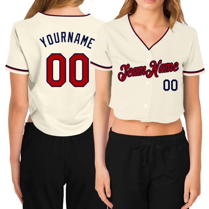 Custom Womens V-Neck Cropped Baseball Jersey in Cream Red-Navy Colors Custom Women's Cream Red-Navy V-Neck Cropped Baseball - Image 1