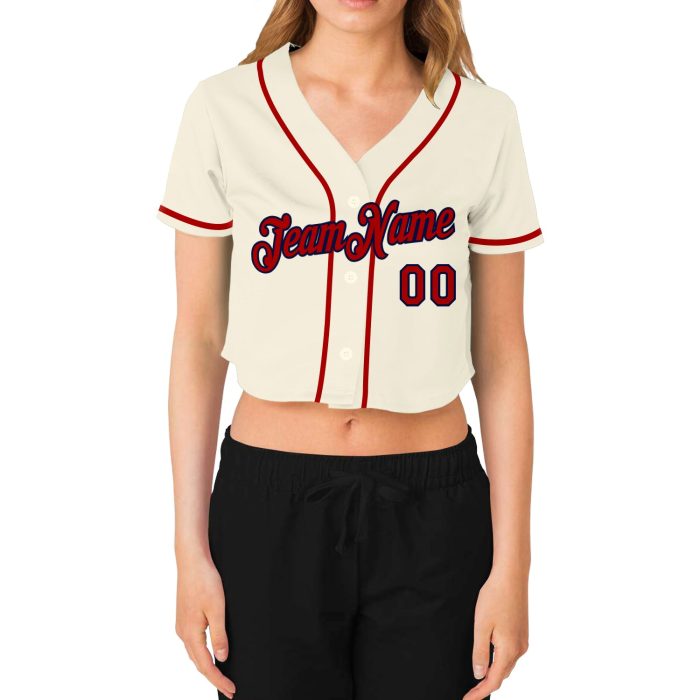 Custom Womens Cream Red-Navy V-Neck Cropped Jersey - Baseball Style 5544 Custom Women's Cream Red-Navy V-Neck Cropped Baseball - Image 2