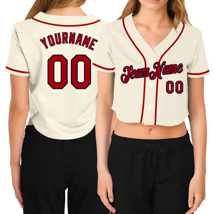 Custom Womens Cream Red-Navy V-Neck Cropped Jersey - Baseball Style 5544 Custom Women's Cream Red-Navy V-Neck Cropped Baseball - Image 1