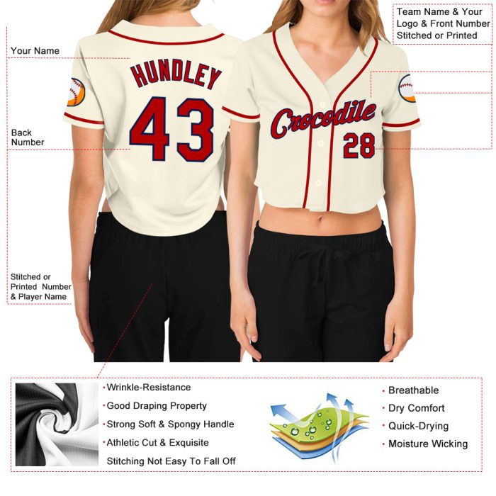 Custom Womens Cream Red-Navy V-Neck Cropped Jersey - Baseball Style 5544 Custom Women's Cream Red-Navy V-Neck Cropped Baseball - Image 3