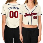 Custom Womens Cream Red Navy V-Neck Cropped Jersey - Baseball Style 9706 Custom Women's Cream Red-Navy V-Neck Cropped Baseball