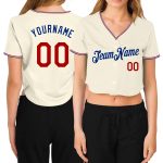 Womens Custom V-Neck Cropped Baseball Jersey in Cream Red-Royal Custom Women's Cream Red-Royal V-Neck Cropped Baseball Jersey