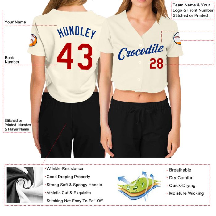 Womens Custom V-Neck Cropped Baseball Jersey in Cream Red-Royal Custom Women's Cream Red-Royal V-Neck Cropped Baseball Jersey - Image 3