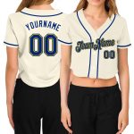 Custom Womens Cream Gold V-Neck Cropped Baseball Jersey in Royal Gold Custom Women's Cream Royal-Gold V-Neck Cropped Baseball