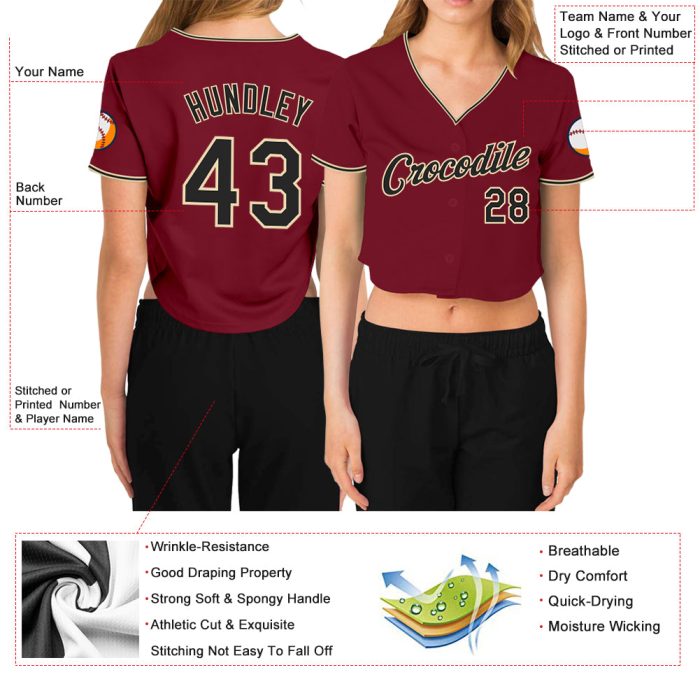 Womens Custom V-Neck Cropped Baseball Jersey in Crimson Black-Cream Custom Women's Crimson Black-Cream V-Neck Cropped Baseball - Image 3