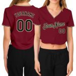 Womens Custom V-Neck Cropped Baseball Jersey in Crimson Black-Cream Custom Women's Crimson Black-Cream V-Neck Cropped Baseball