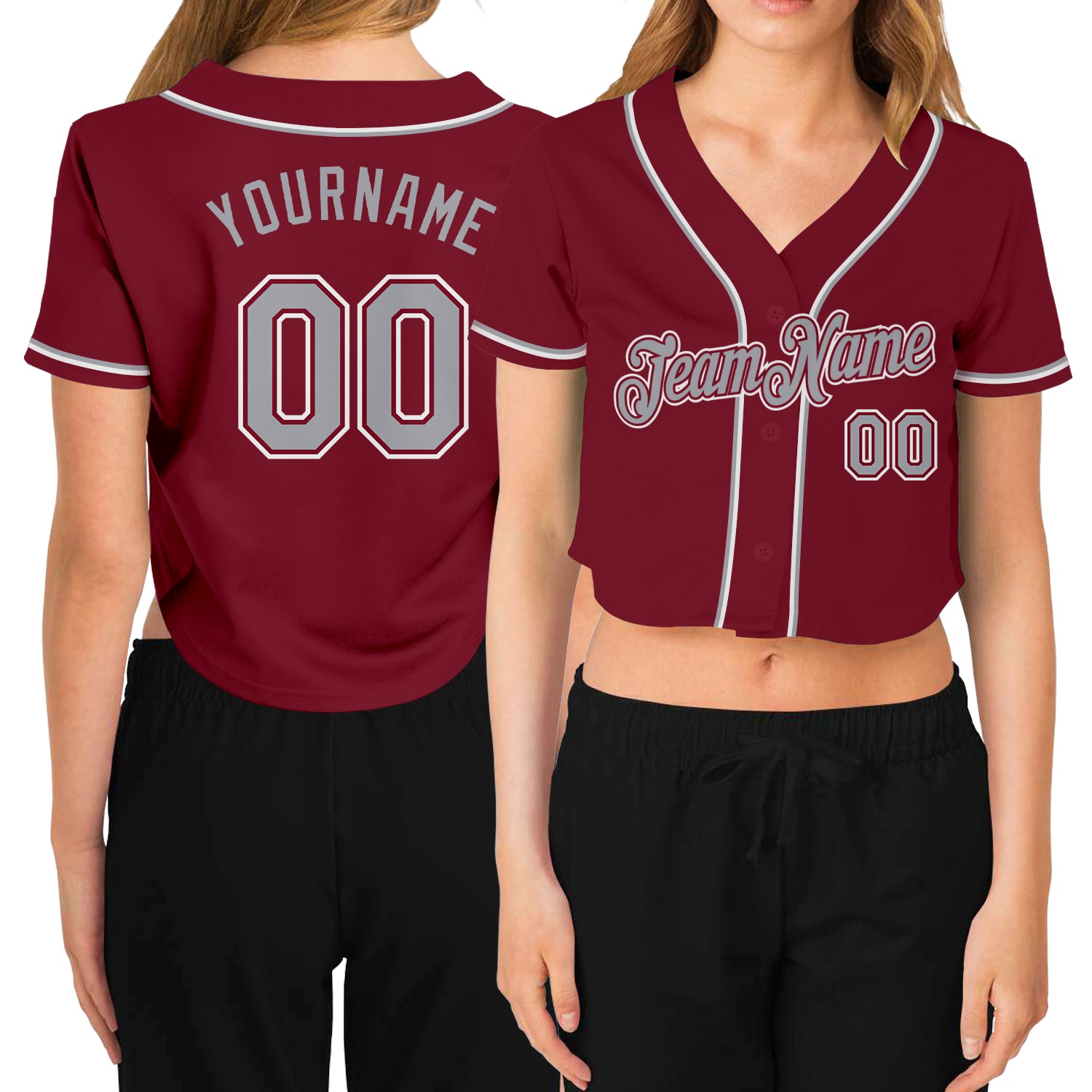 Custom Womens V-Neck Baseball Jersey in Crimson Gray-White, Cropped Design for Stylish Sportswear Custom Women's Crimson