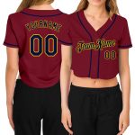 Womens Custom Crimson Navy Gold V-Neck Cropped Baseball Jersey Custom Women's Crimson Navy-Gold V-Neck Cropped Baseball Jersey