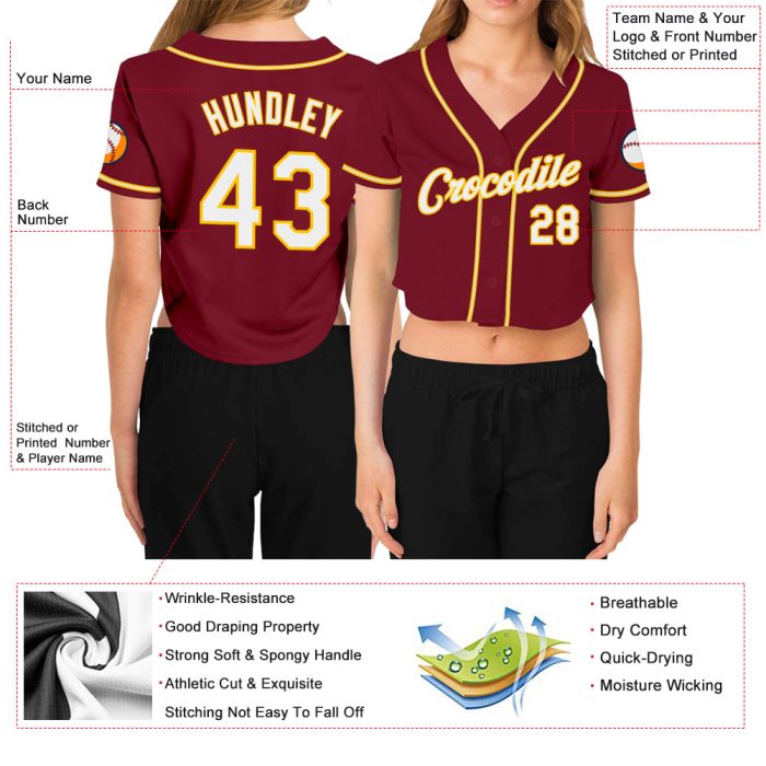 Custom Womens Crimson White Gold V-Neck Cropped Baseball Jersey Apparel Custom Women's Crimson White-Gold V-Neck Cropped - Image 3