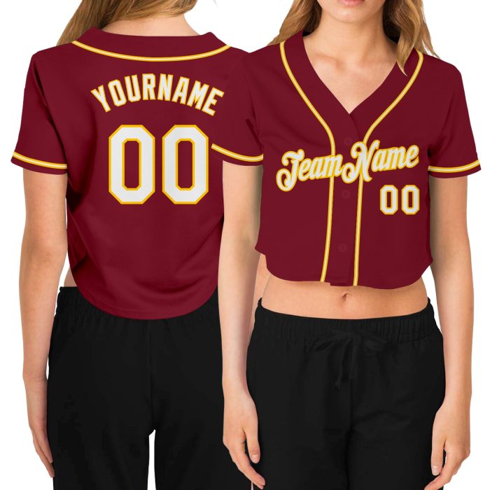 Custom Womens Crimson White Gold V-Neck Cropped Baseball Jersey Apparel Custom Women's Crimson White-Gold V-Neck Cropped - Image 1