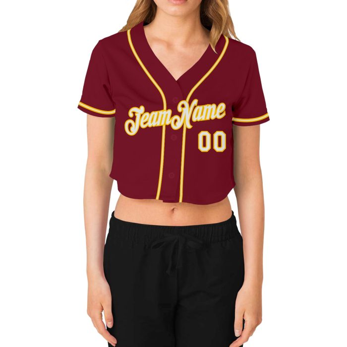 Custom Womens Crimson White Gold V-Neck Cropped Baseball Jersey Apparel Custom Women's Crimson White-Gold V-Neck Cropped - Image 2