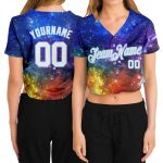 Womens Custom 3D V-Neck Cropped Baseball Jersey in Galactic White and Light Blue Custom Women's Galactic White-Light Blue