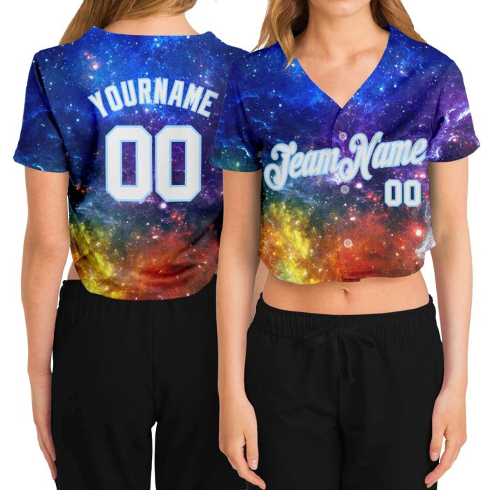 Womens Custom 3D V-Neck Cropped Baseball Jersey in Galactic White and Light Blue Custom Women's Galactic White-Light Blue - Image 1