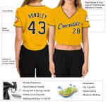 Custom Womens Gold Black-White V-Neck Baseball Jersey, Cropped Design for Casual Style Custom Women's Gold Black-White V-Neck - Image 3