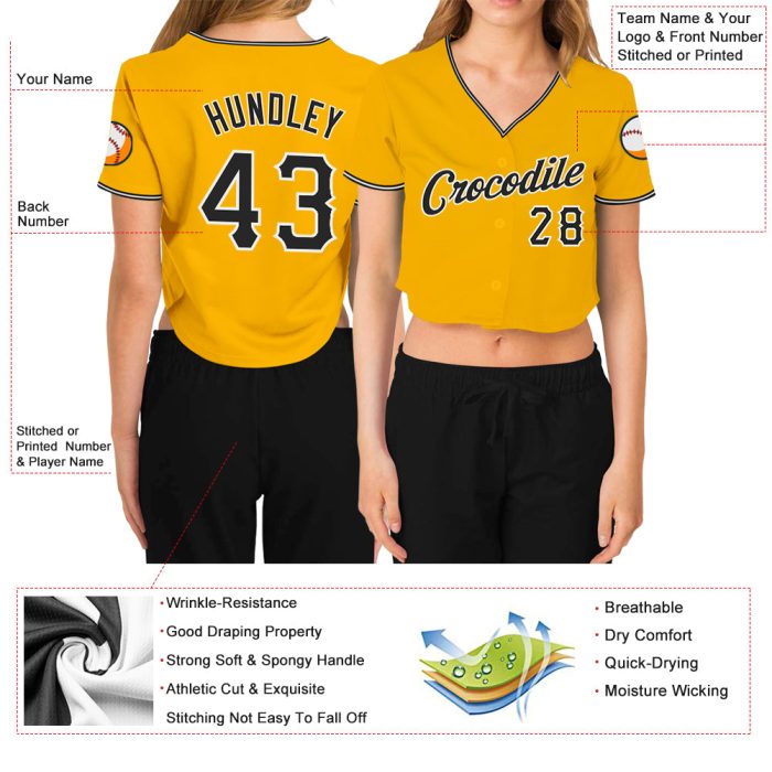 Custom Womens Gold Black-White V-Neck Baseball Jersey, Cropped Design for Casual Style Custom Women's Gold Black-White V-Neck - Image 3
