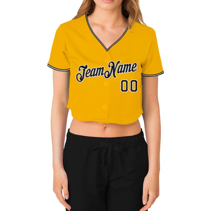 Custom Womens Gold Black-White V-Neck Baseball Jersey, Cropped Design for Casual Style Custom Women's Gold Black-White V-Neck - Image 2