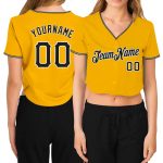 Custom Womens Gold Black-White V-Neck Baseball Jersey, Cropped Design for Casual Style Custom Women's Gold Black-White V-Neck