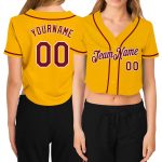Custom Womens Gold Crimson White V-Neck Cropped Baseball Jersey Custom Women's Gold Crimson-White V-Neck Cropped Baseball