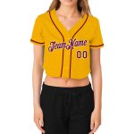 Custom Womens Gold Crimson White V-Neck Cropped Baseball Jersey Custom Women's Gold Crimson-White V-Neck Cropped Baseball - Image 2