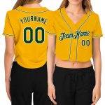 Custom Womens Gold Green White V-Neck Baseball Jersey Cropped Style Custom Women's Gold Green-White V-Neck Cropped Baseball