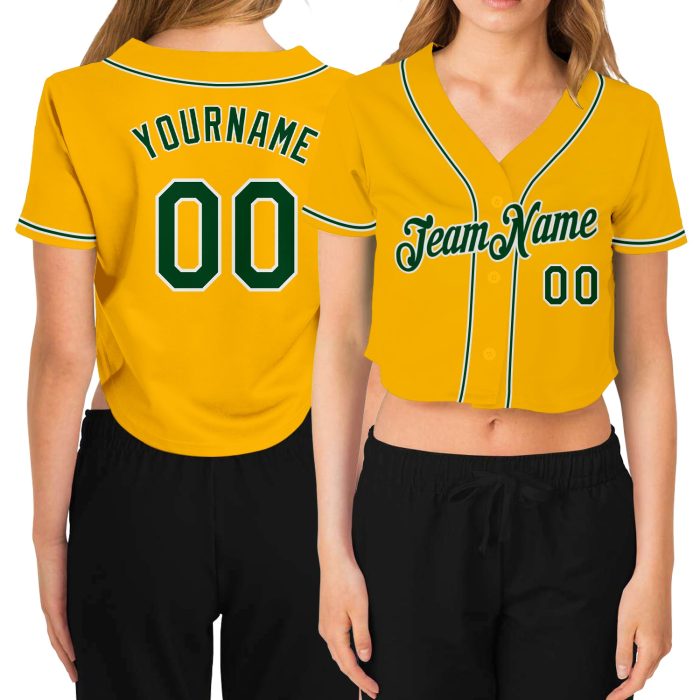 Custom Womens Gold Green White V-Neck Baseball Jersey Cropped Style Custom Women's Gold Green-White V-Neck Cropped Baseball - Image 1