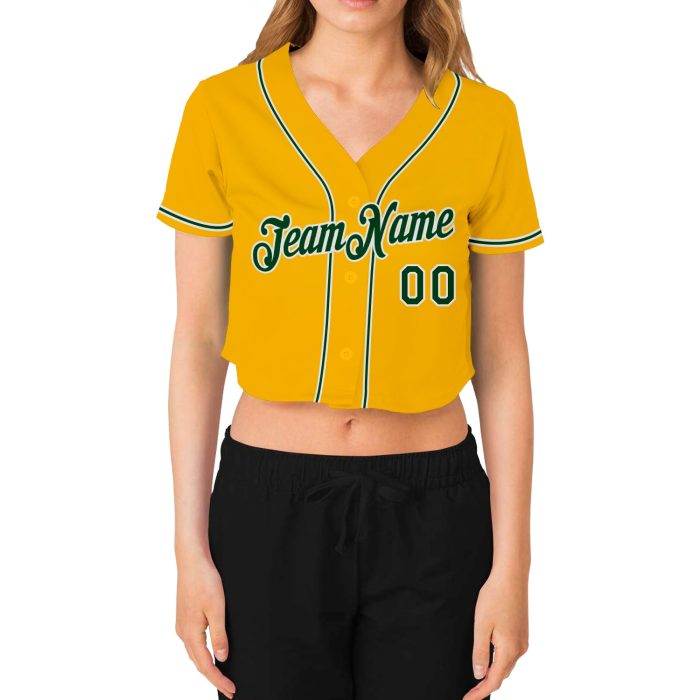 Custom Womens Gold Green White V-Neck Baseball Jersey Cropped Style Custom Women's Gold Green-White V-Neck Cropped Baseball - Image 2
