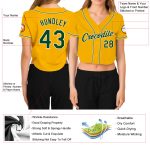 Custom Womens Gold Green White V-Neck Baseball Jersey Cropped Style Custom Women's Gold Green-White V-Neck Cropped Baseball - Image 3