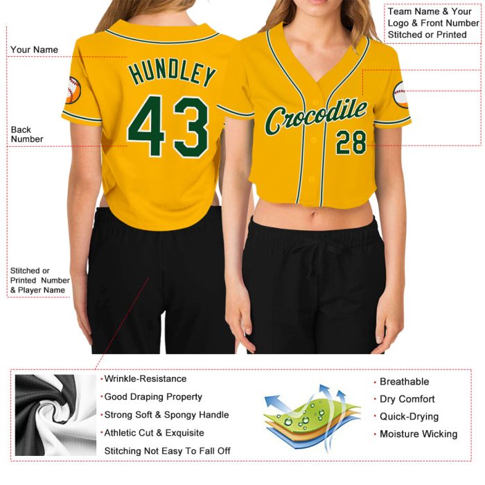 Custom Womens Gold Green White V-Neck Baseball Jersey Cropped Style Custom Women's Gold Green-White V-Neck Cropped Baseball - Image 3