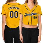 Custom Womens V-Neck Baseball Jersey Gold Navy White Cropped Design Custom Women's Gold Navy-White V-Neck Cropped Baseball