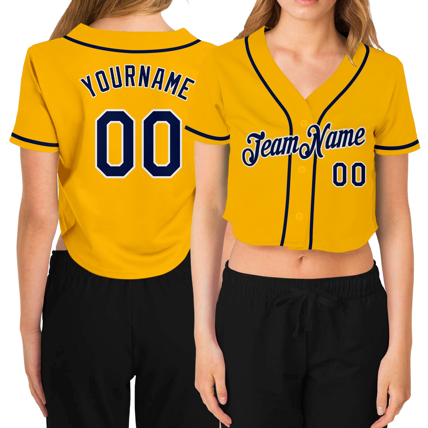 Custom Womens V-Neck Baseball Jersey Gold Navy White Cropped Design Custom Women's Gold Navy-White V-Neck Cropped Baseball