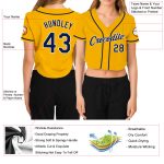 Custom Womens V-Neck Baseball Jersey Gold Navy White Cropped Design Custom Women's Gold Navy-White V-Neck Cropped Baseball - Image 3