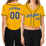 Custom Womens Gold White V-Neck Cropped Baseball Jersey Custom Women's Gold Royal-White V-Neck Cropped Baseball Jersey