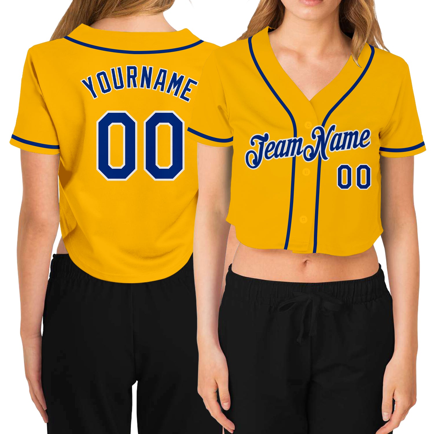 Custom Womens Gold White V-Neck Cropped Baseball Jersey Custom Women's Gold Royal-White V-Neck Cropped Baseball Jersey