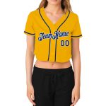 Custom Womens Gold White V-Neck Cropped Baseball Jersey Custom Women's Gold Royal-White V-Neck Cropped Baseball Jersey - Image 2
