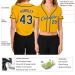 Custom Womens Gold White V-Neck Cropped Baseball Jersey Custom Women's Gold Royal-White V-Neck Cropped Baseball Jersey - Image 3