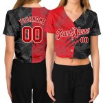 Custom Womens Graffiti Pattern 3D V-Neck Cropped Baseball Jersey | Red and White Custom Women's Graffiti Pattern Red-White