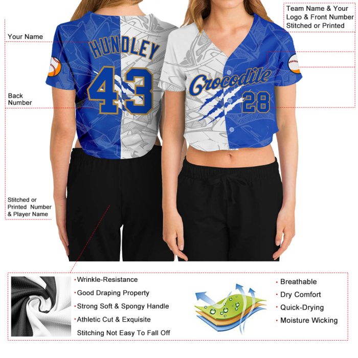 Custom Graffiti Pattern Royal Gold Scratch 3D V-Neck Cropped Baseball Jersey for Women Custom Women's Graffiti Pattern Royal-Old - Image 3